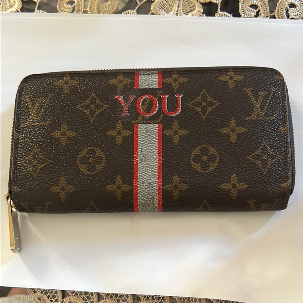 Louis Vuitton Monogram Wallet with Red and Grey Stripe Authentic